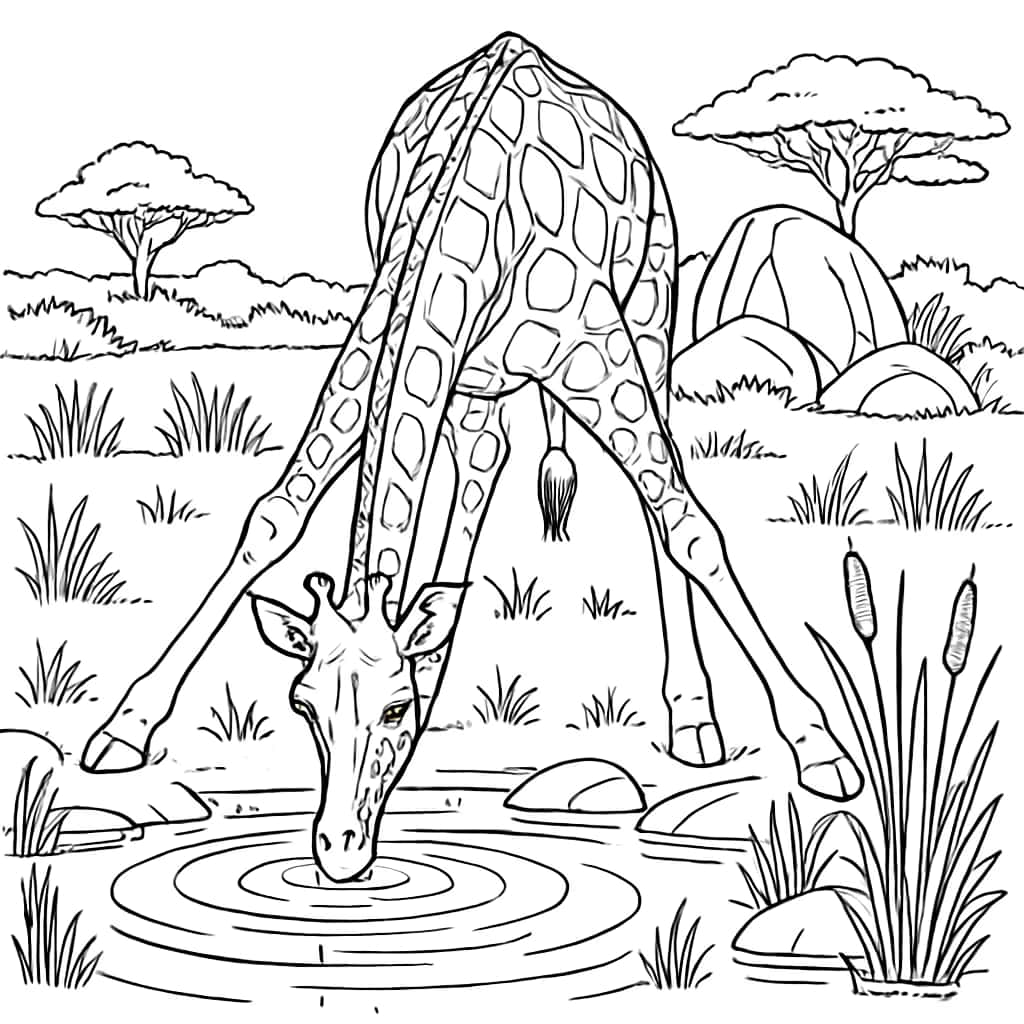 Páginas para colorear de jirafas: Jirafa bebiendo agua