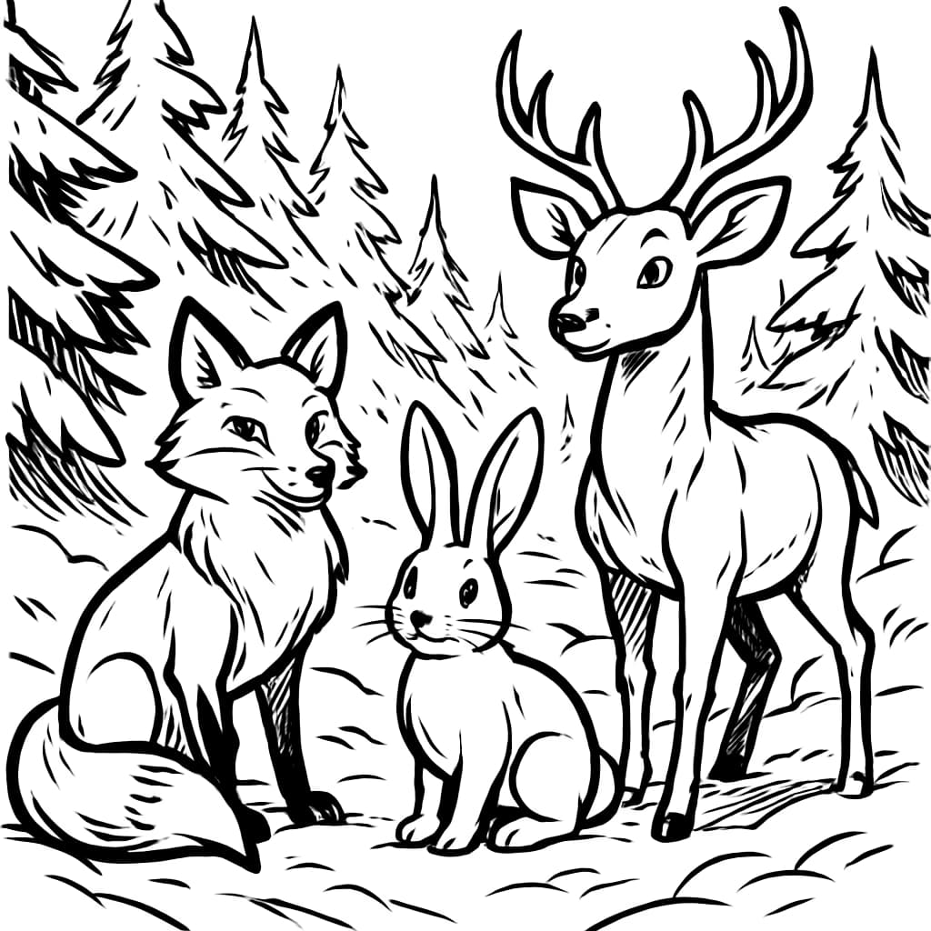 Pages de coloriage d'hiver – Animaux de la forêt en hiver