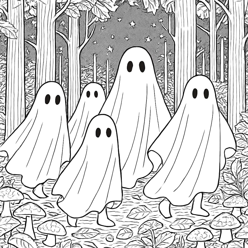 Ghost Coloring Pages – Ghosts in Forest Coloring Page for Adults