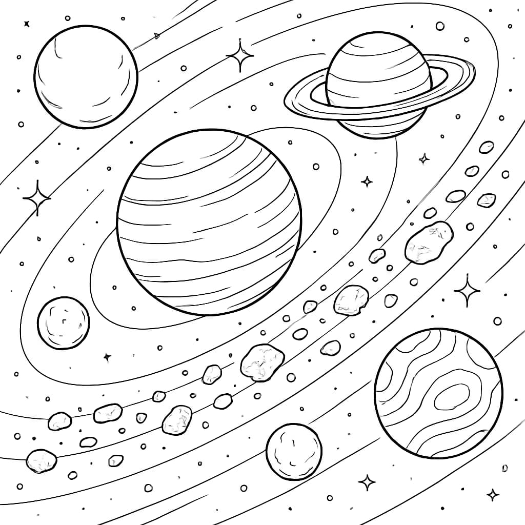 Páginas para colorear del sistema solar – Planetas y cinturón de asteroides