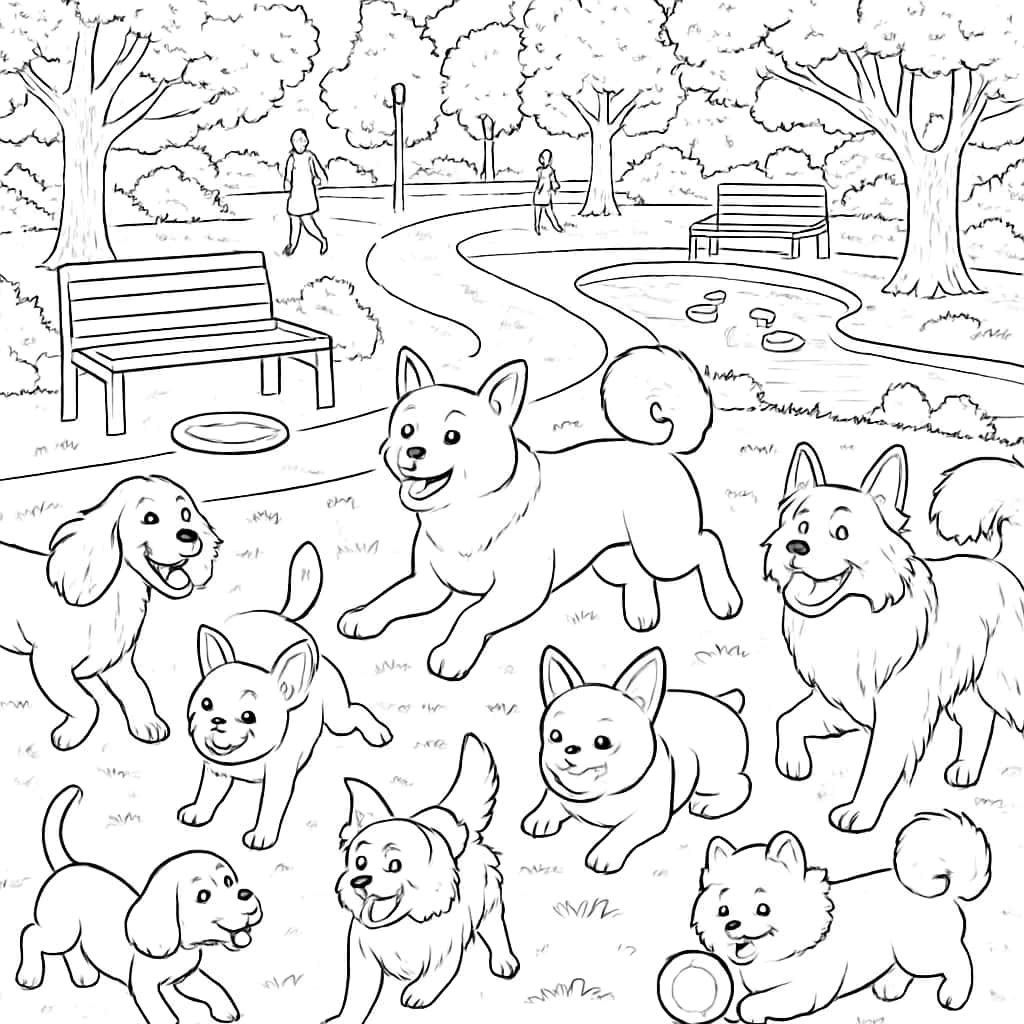 Pages de coloriage de chiens - Aventure au parc pour adultes