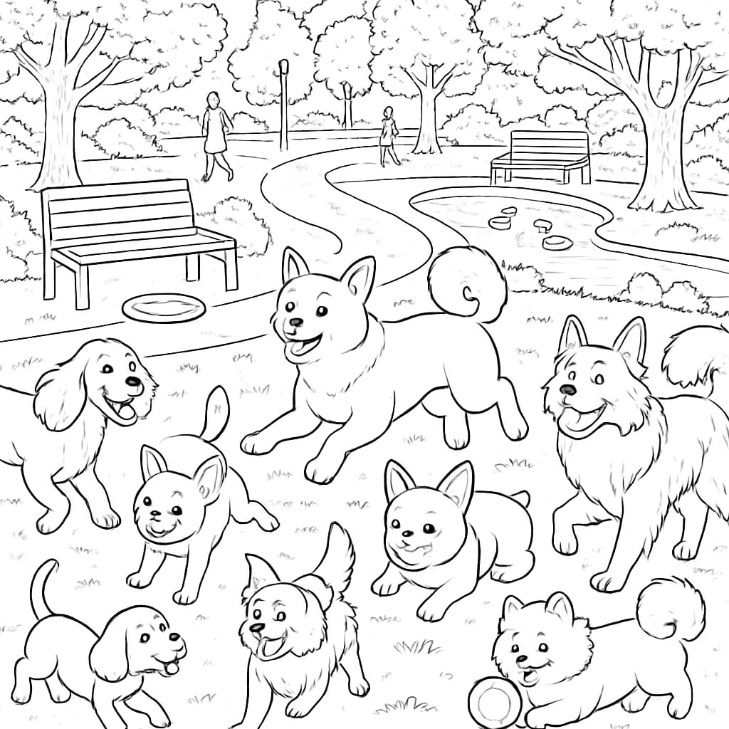 Pages de coloriage de chiens – Aventure au parc pour adultes