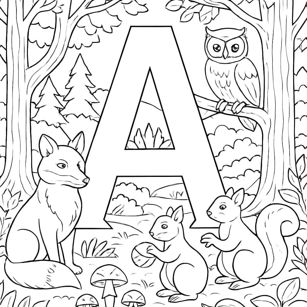 Letter A Coloring Pages - Forest Animals Printable
