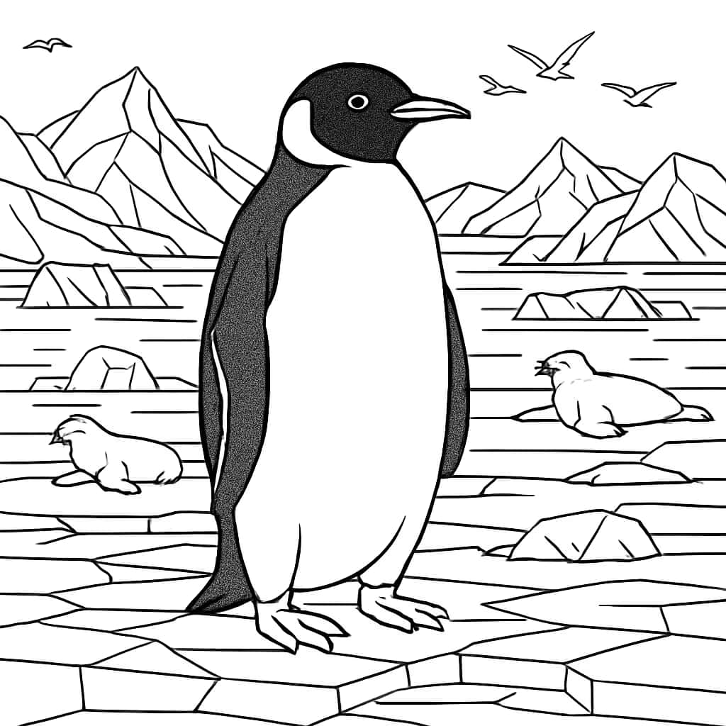 企鵝涂色頁 - 北極風光精細線稿 | 適合成人進階著色