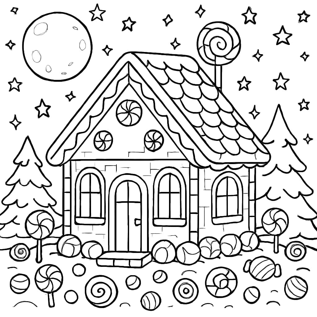 Gingerbread House Coloring Pages – Night Scene for Adults
