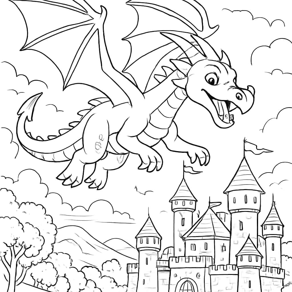 드래곤 색칠공부 페이지 - 성 위를 나는 드래곤