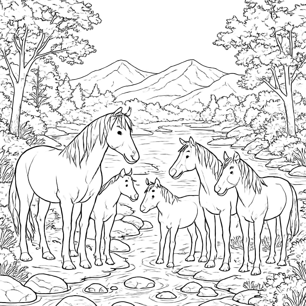 马匹涂色页:河畔风景