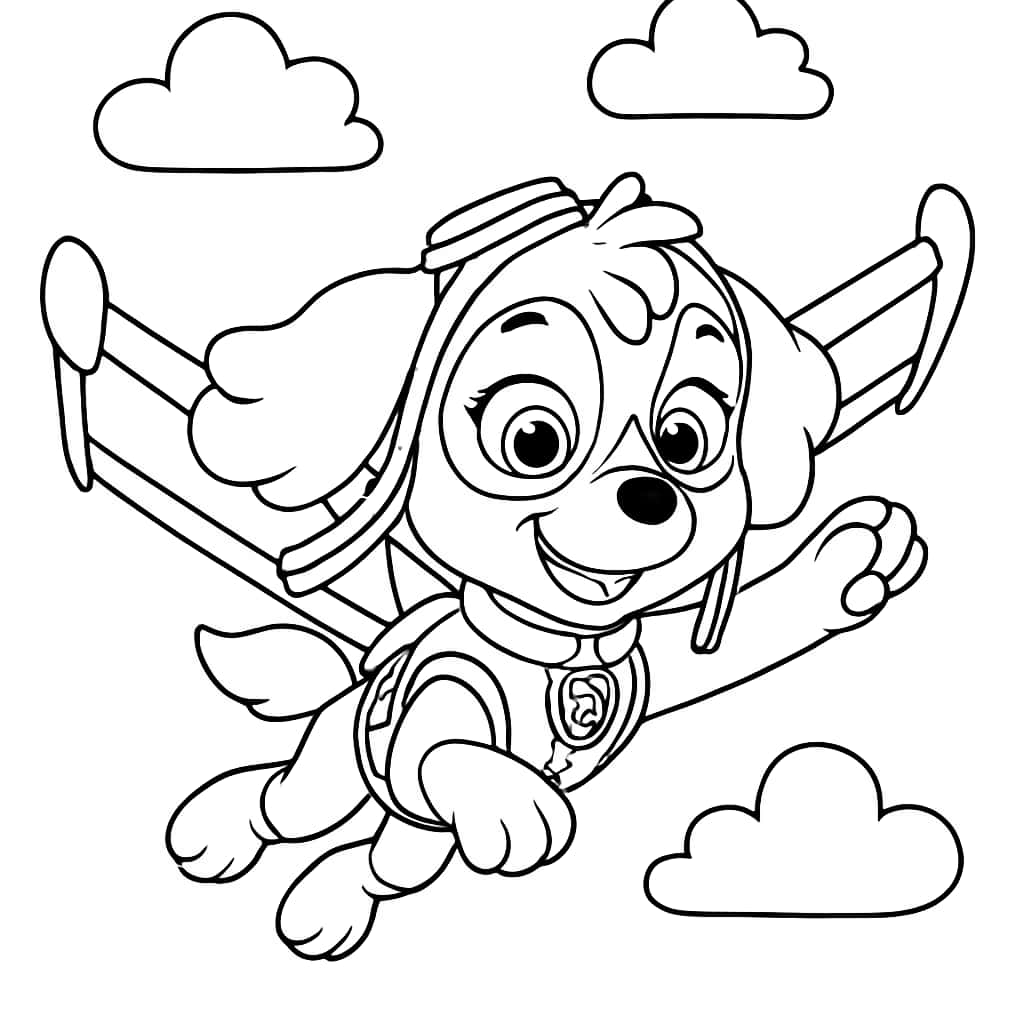 Paw Patrol 색칠 공부 페이지 - Skye가 구름과 함께 나는 모습