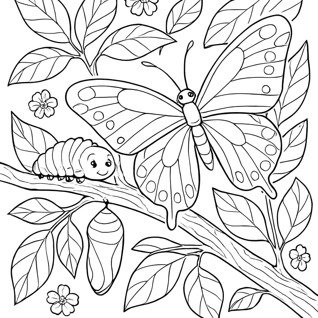 蝴蝶涂色頁:蝴蝶與毛蟲生命週期