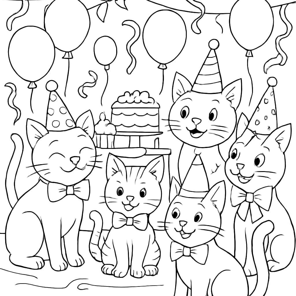 고양이 색칠하기 페이지 | 화려한 고양이 파티 색칠 도안