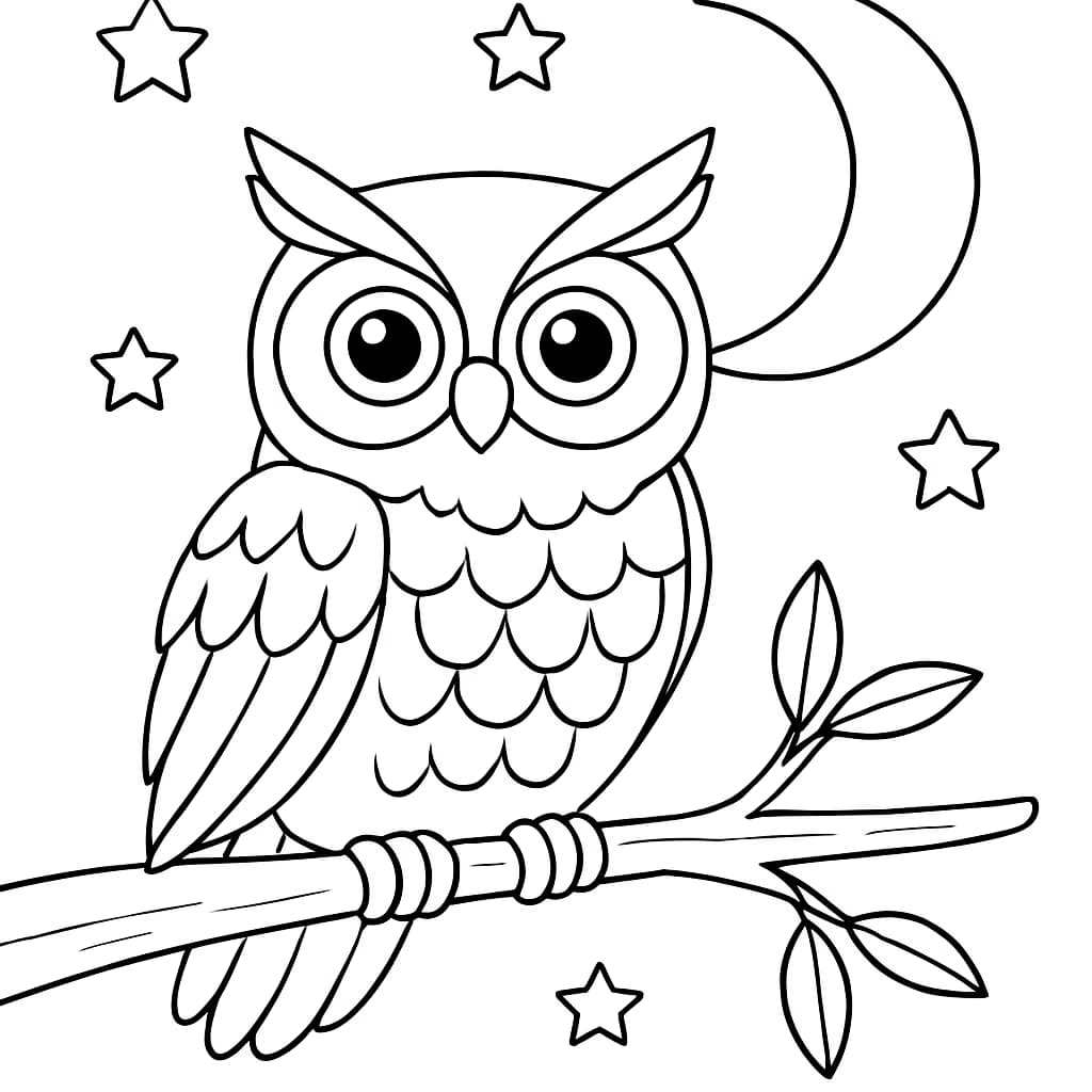 Páginas para colorear de animales: Búho en rama bajo la luna