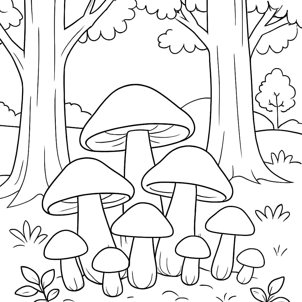 Pages de coloriage de champignons – Scène de champignons en forêt