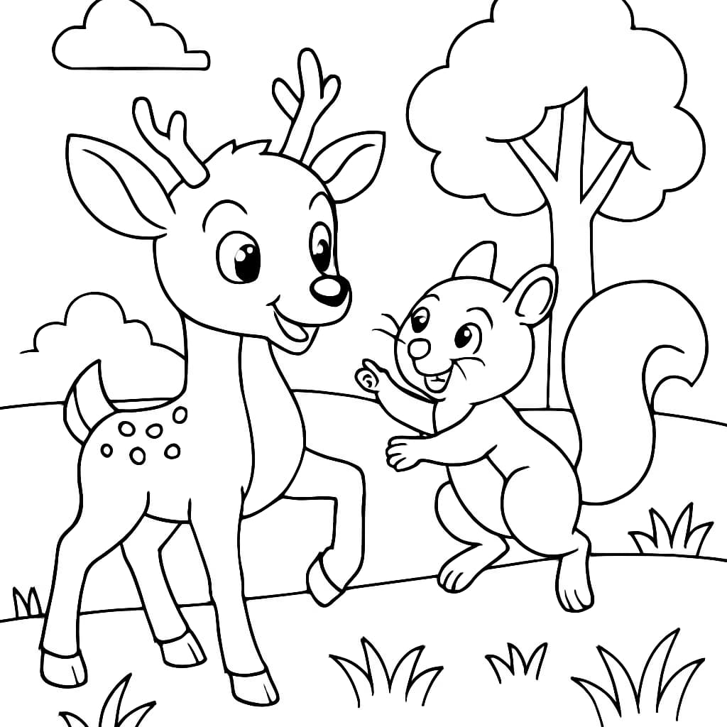 Deer Coloring Pages – Deer and Squirrel Play Coloring Page