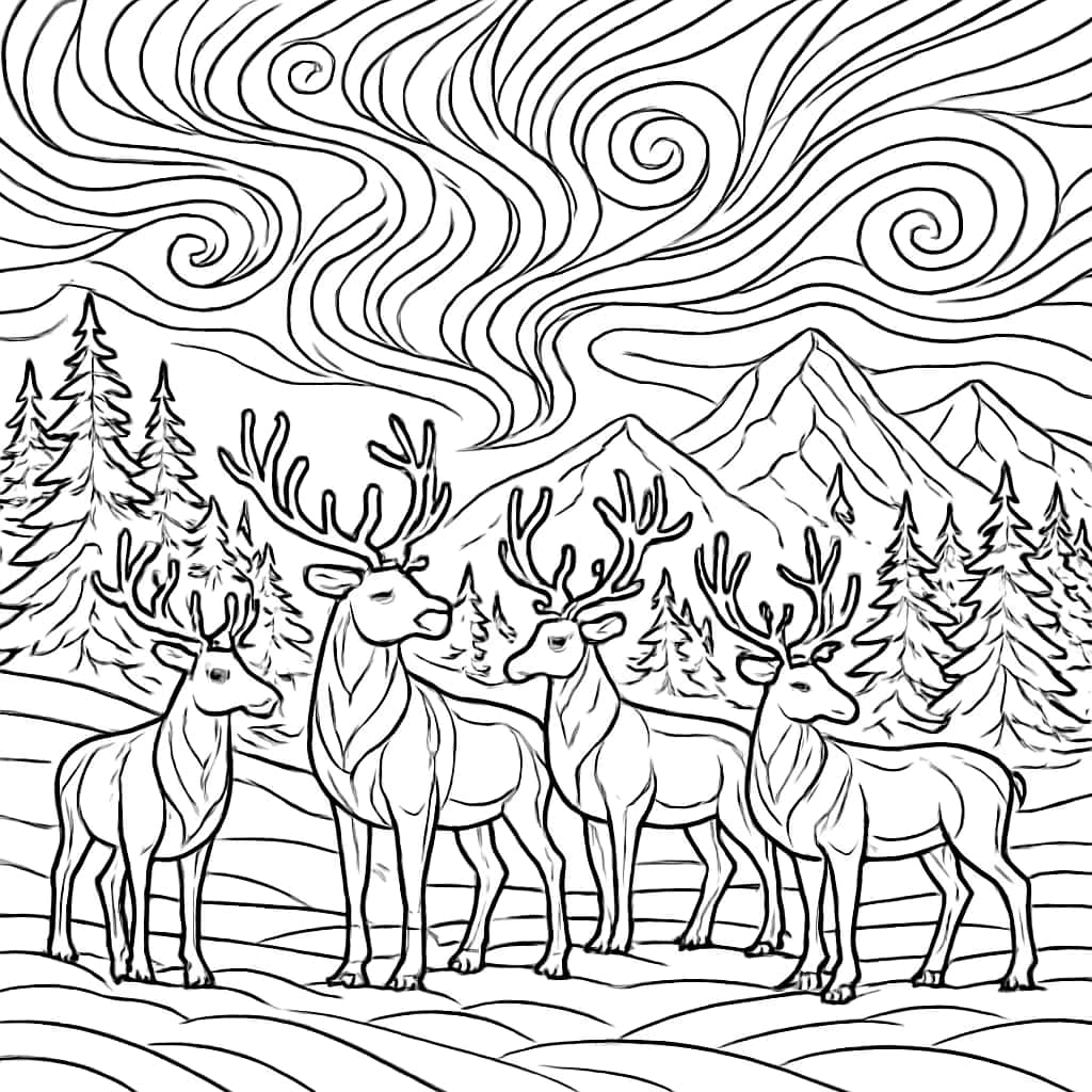 Pages de coloriage d'hiver : Rennes sous les aurores boréales