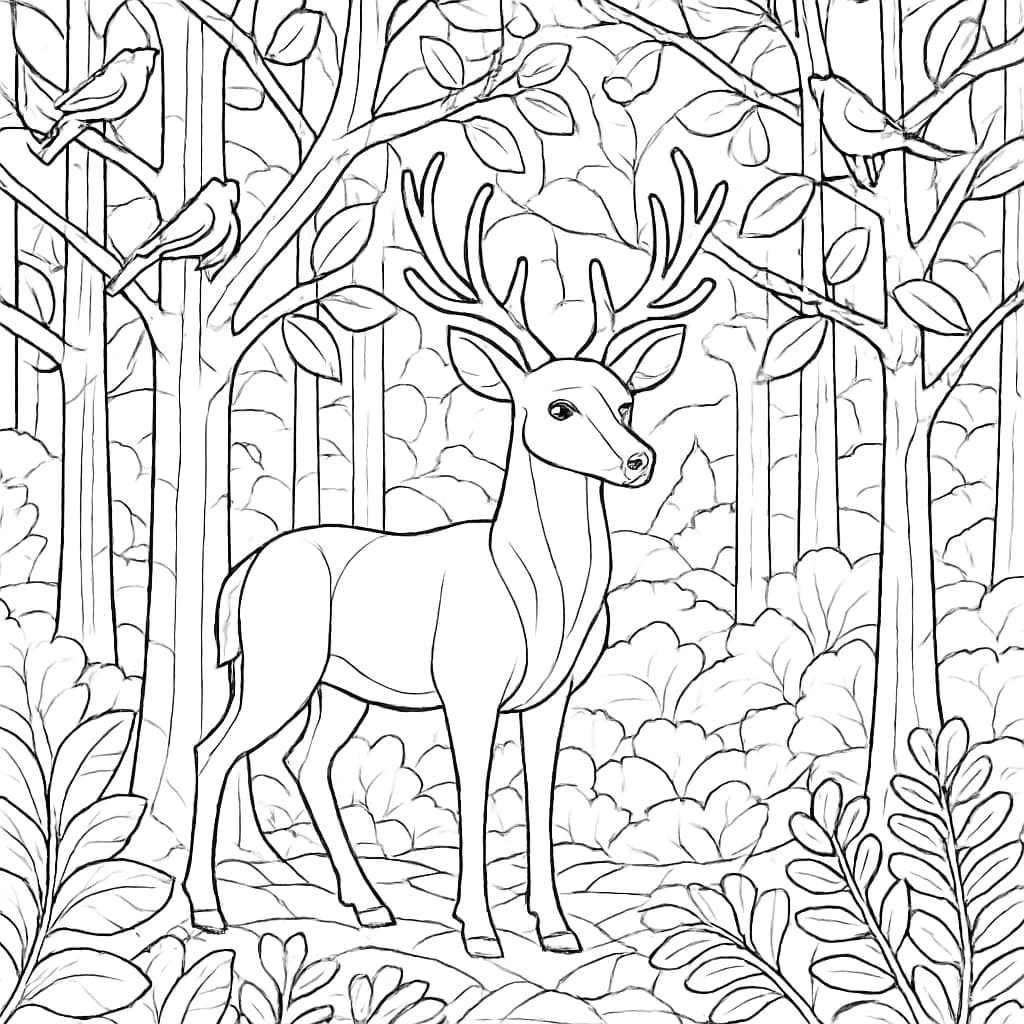 Deer Coloring Pages – Deer and Birds in Forest