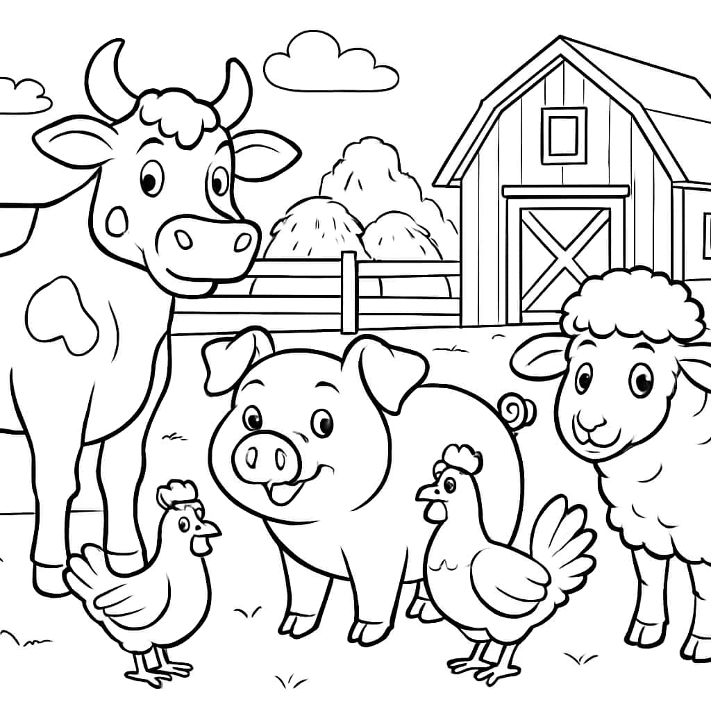Páginas para colorear de animales: Reunión de animales de granja