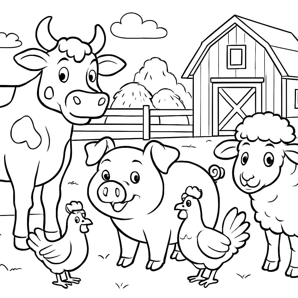 Páginas para colorear de animales: Reunión de animales de granja