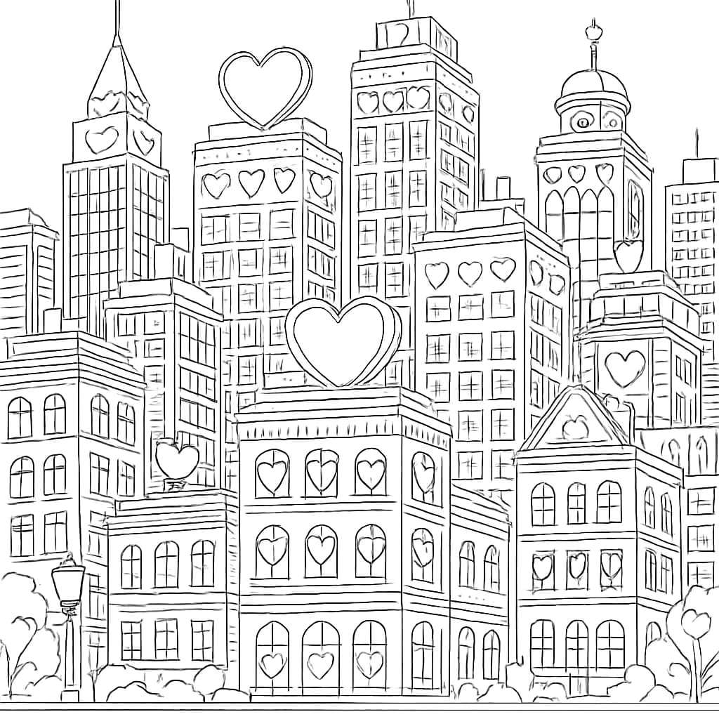 Heart Coloring Pages – Heart Cityscape Coloring Page for Adults