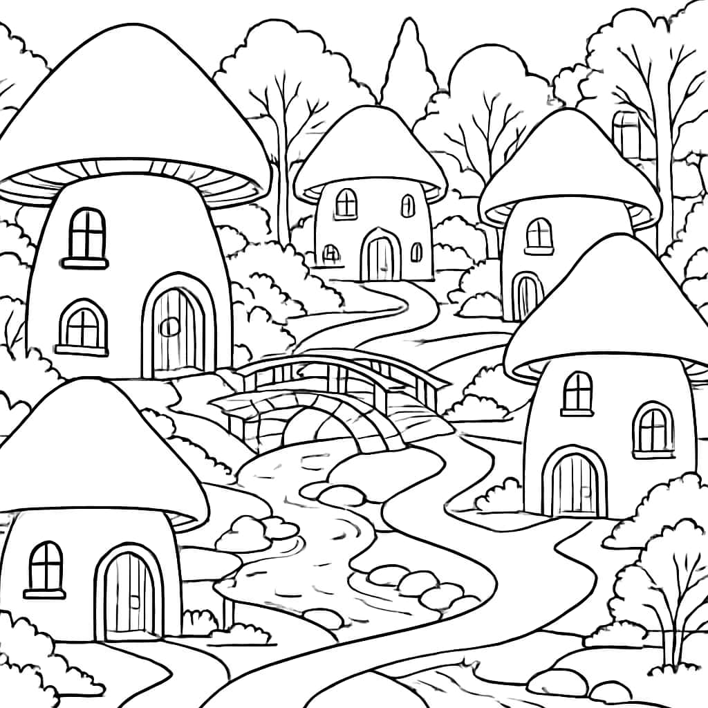 Pages de coloriage de village de champignons enchanté