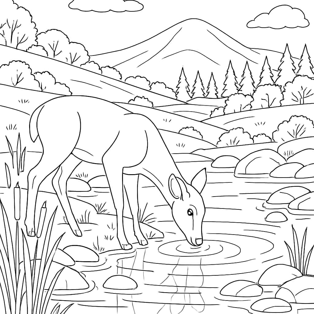 Deer Coloring Pages - Deer Drinking at Pond Printable for Adults