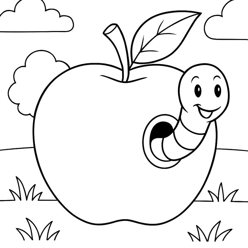 蘋果涂色頁-蘋果與蟲兒兒童涂色圖