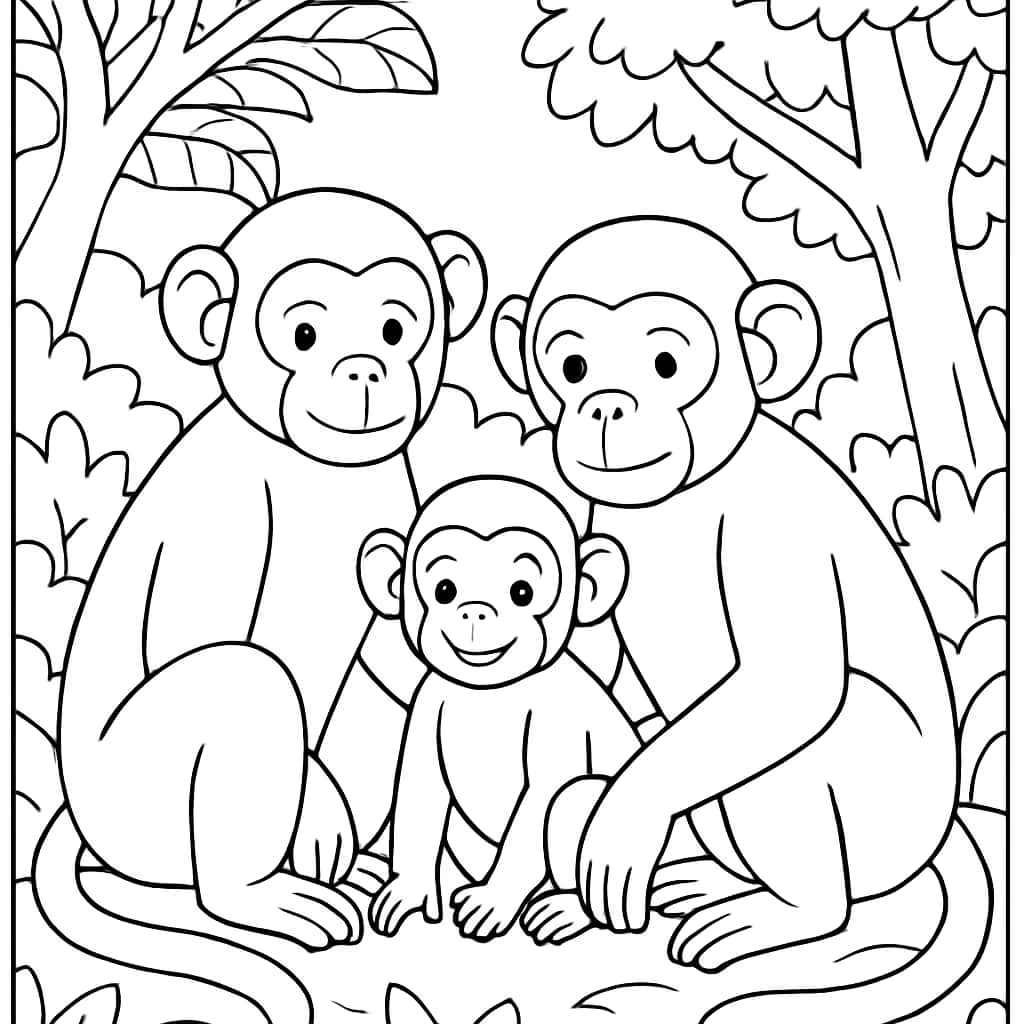Páginas para Colorir de Macacos — Família de Macacos