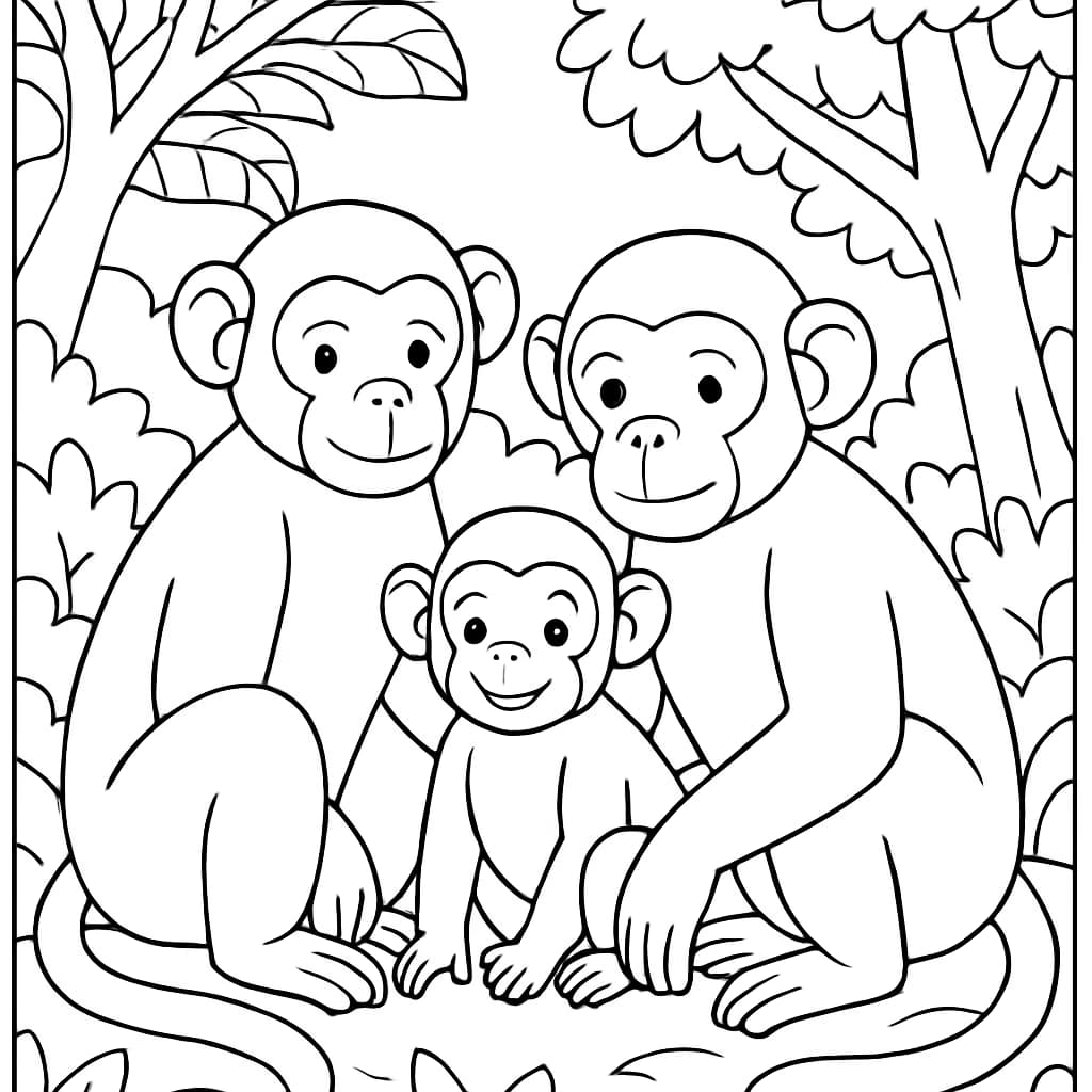 Páginas para Colorir de Macacos — Família de Macacos
