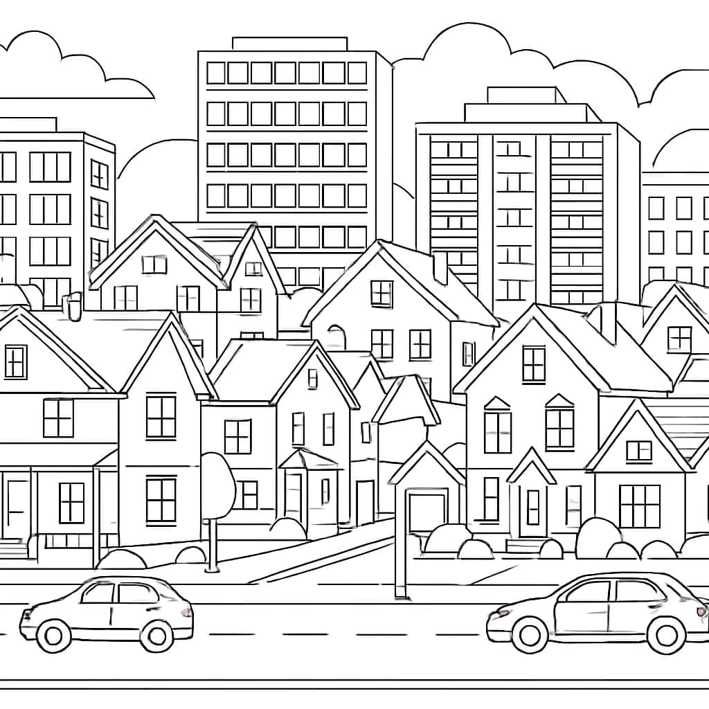House Coloring Pages - Cityscape Houses Printable for Adults