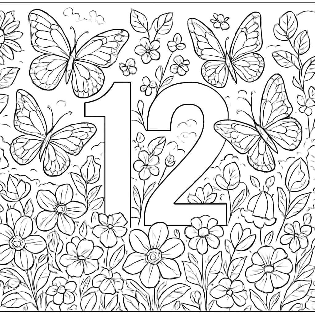 數字涂色頁:花園蝴蝶中的數字十二涂色圖