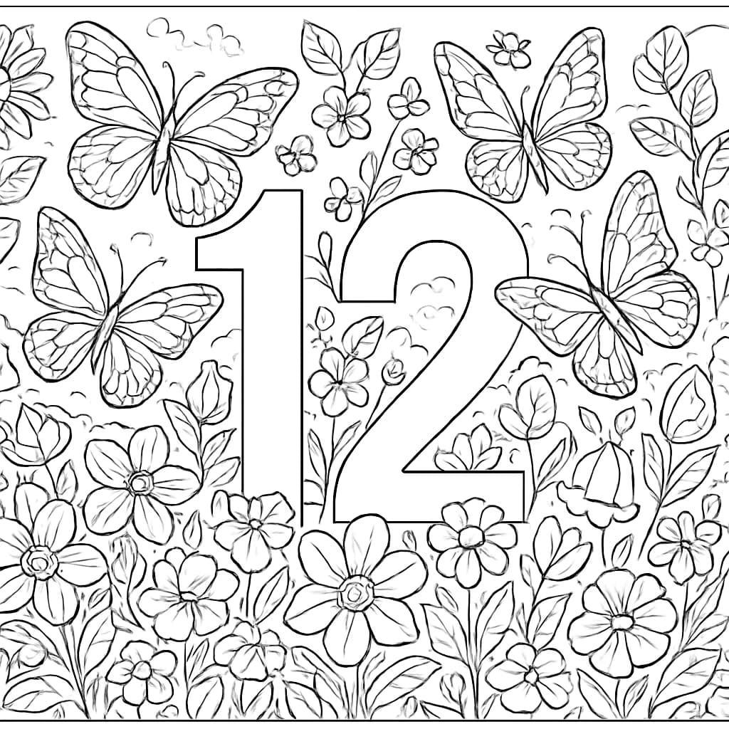 數字涂色頁:花園蝴蝶中的數字十二涂色圖