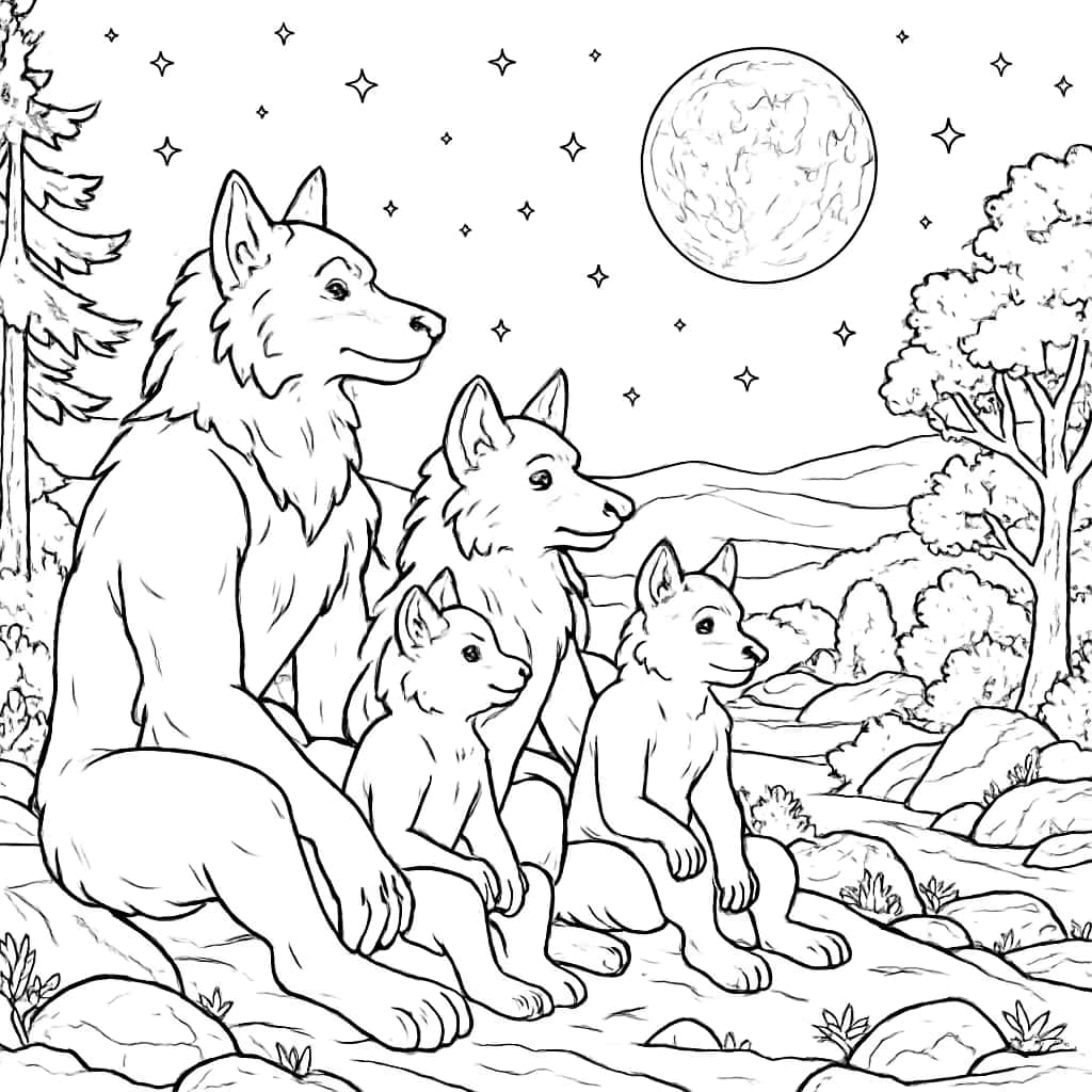 Werewolf Coloring Pages - Werewolf Family Night Scene
