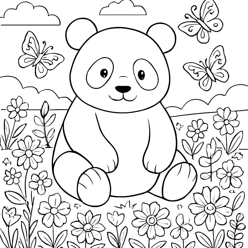 Panda Coloring Pages – Panda in Flower Field Printable for Teens