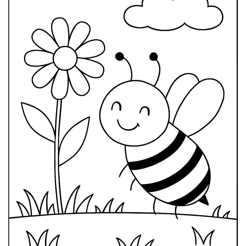 Bug Coloring Pages - Happy Bee and Flower Coloring Page
