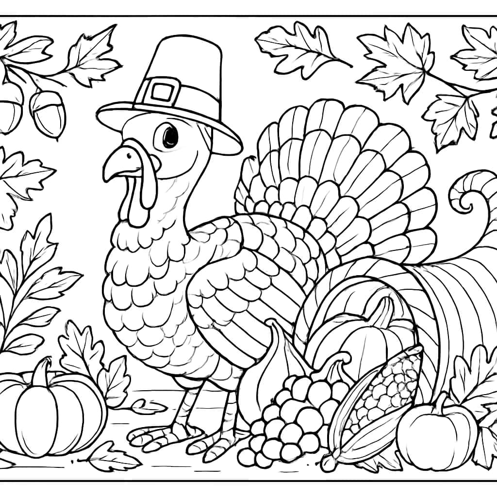 火雞涂色頁|朝聖者火雞場景線稿免費下載