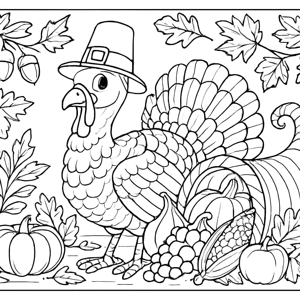 火雞涂色頁|朝聖者火雞場景線稿免費下載