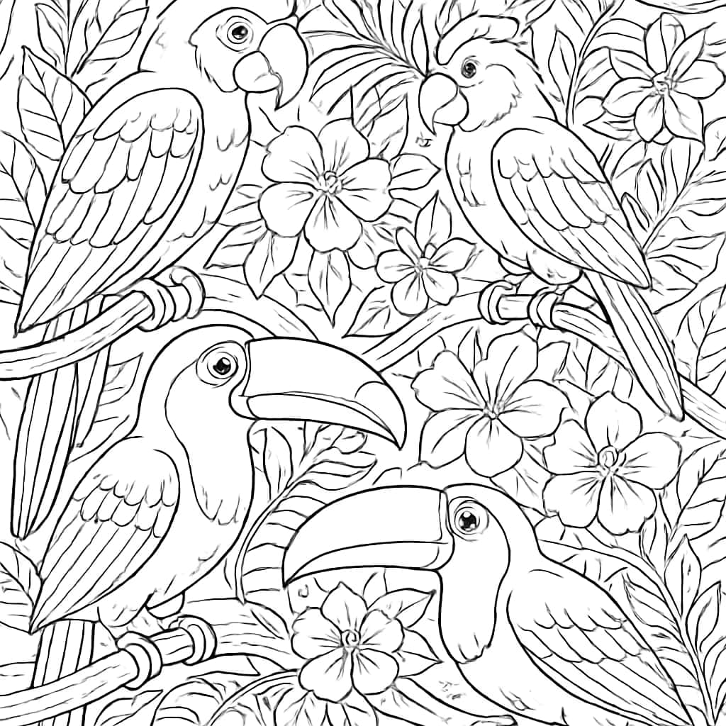 Páginas para colorear de animales - Paraíso de aves tropicales