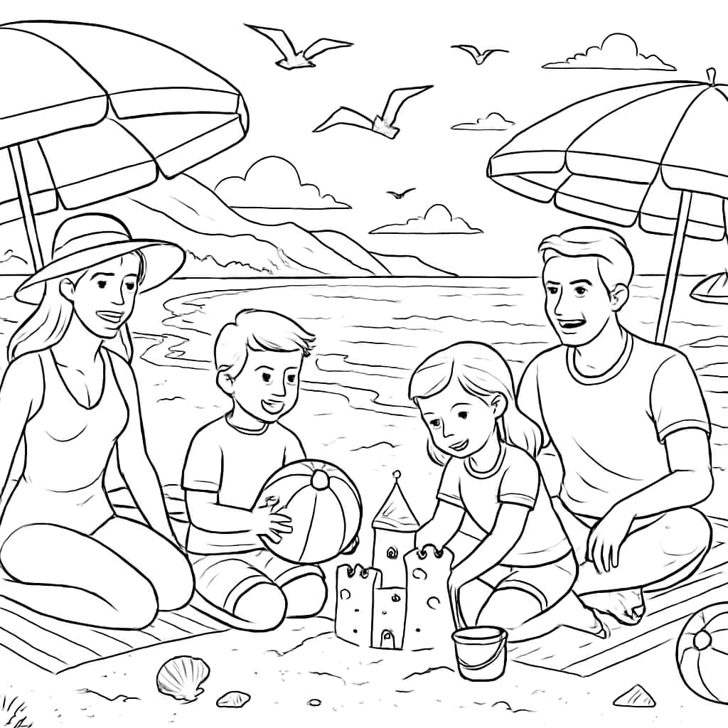 夏日涂色页:家庭海灘日場景
