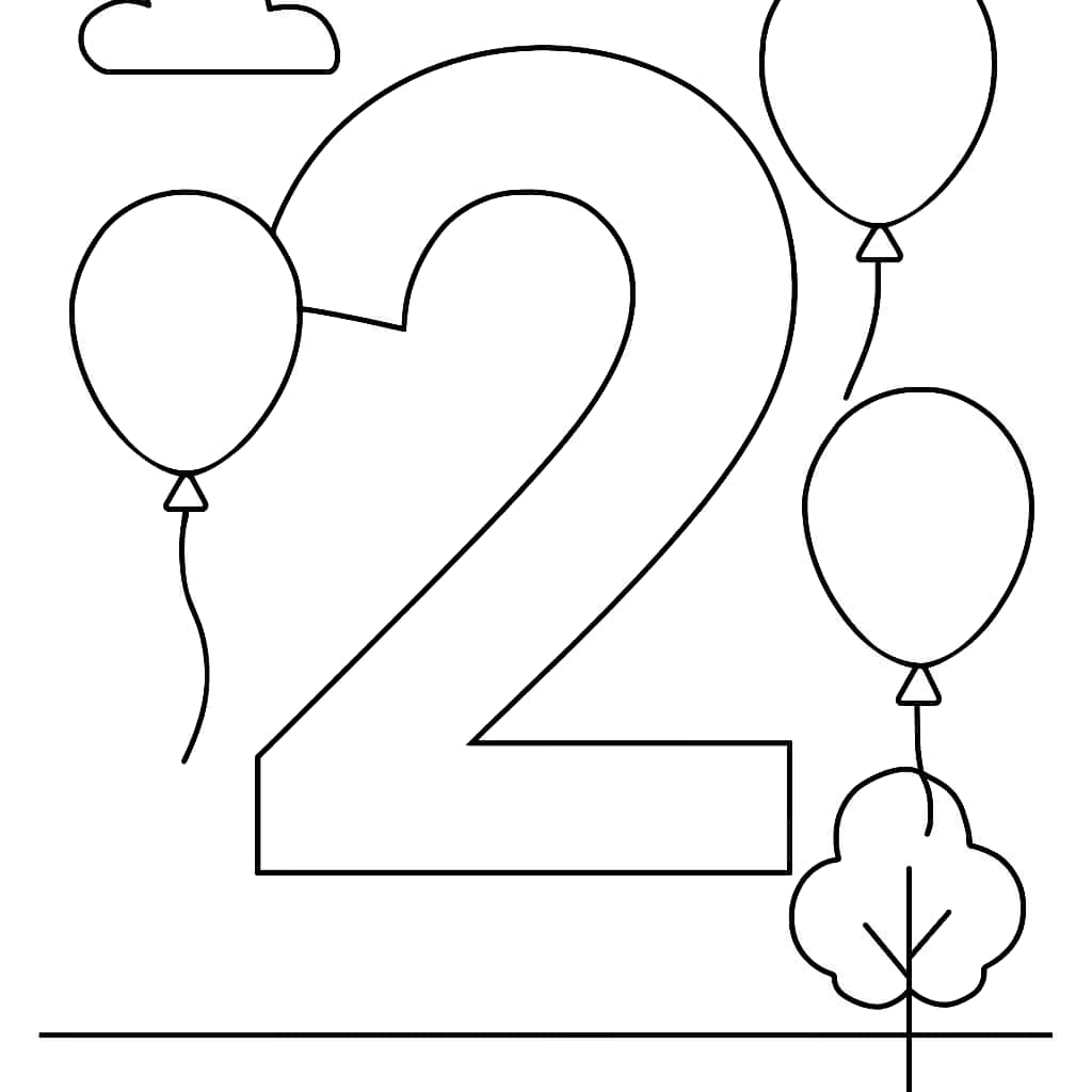 數字涂色頁:氣球環繞的數字二涂色圖