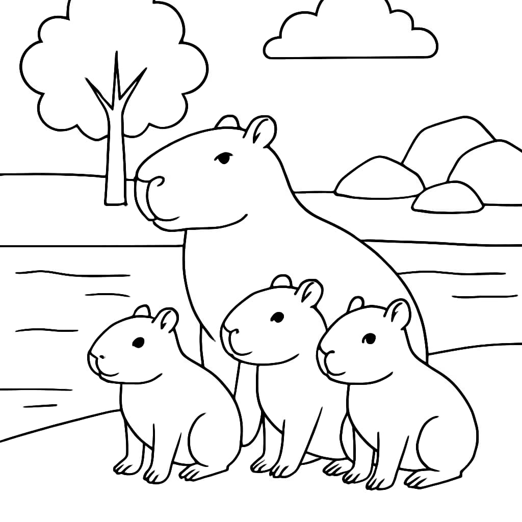 Capybara Coloring Pages – Capybara Family by the River