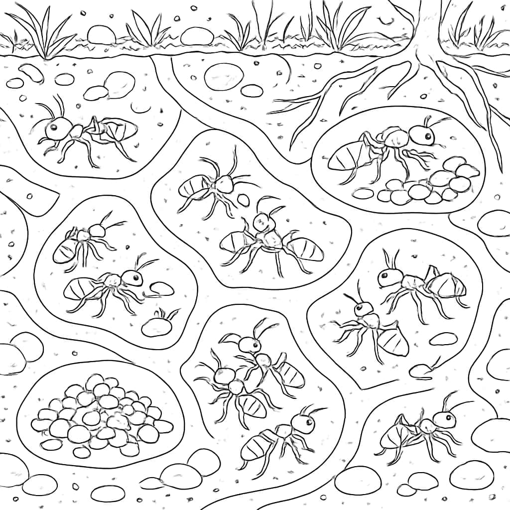 蚂蚁涂色页 - 忙碌的蚁群地底世界