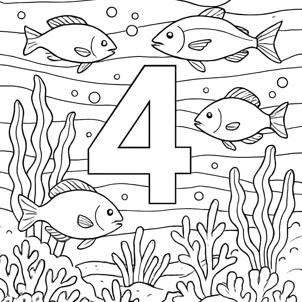 數字涂色頁:海底場景中的數字四