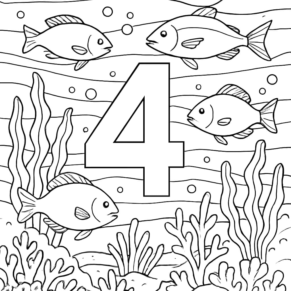Páginas de Colorir de Números — Número Quatro em Cena Subaquática