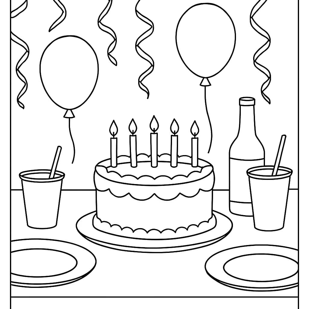 Página para colorear de feliz cumpleaños – Mesa de fiesta