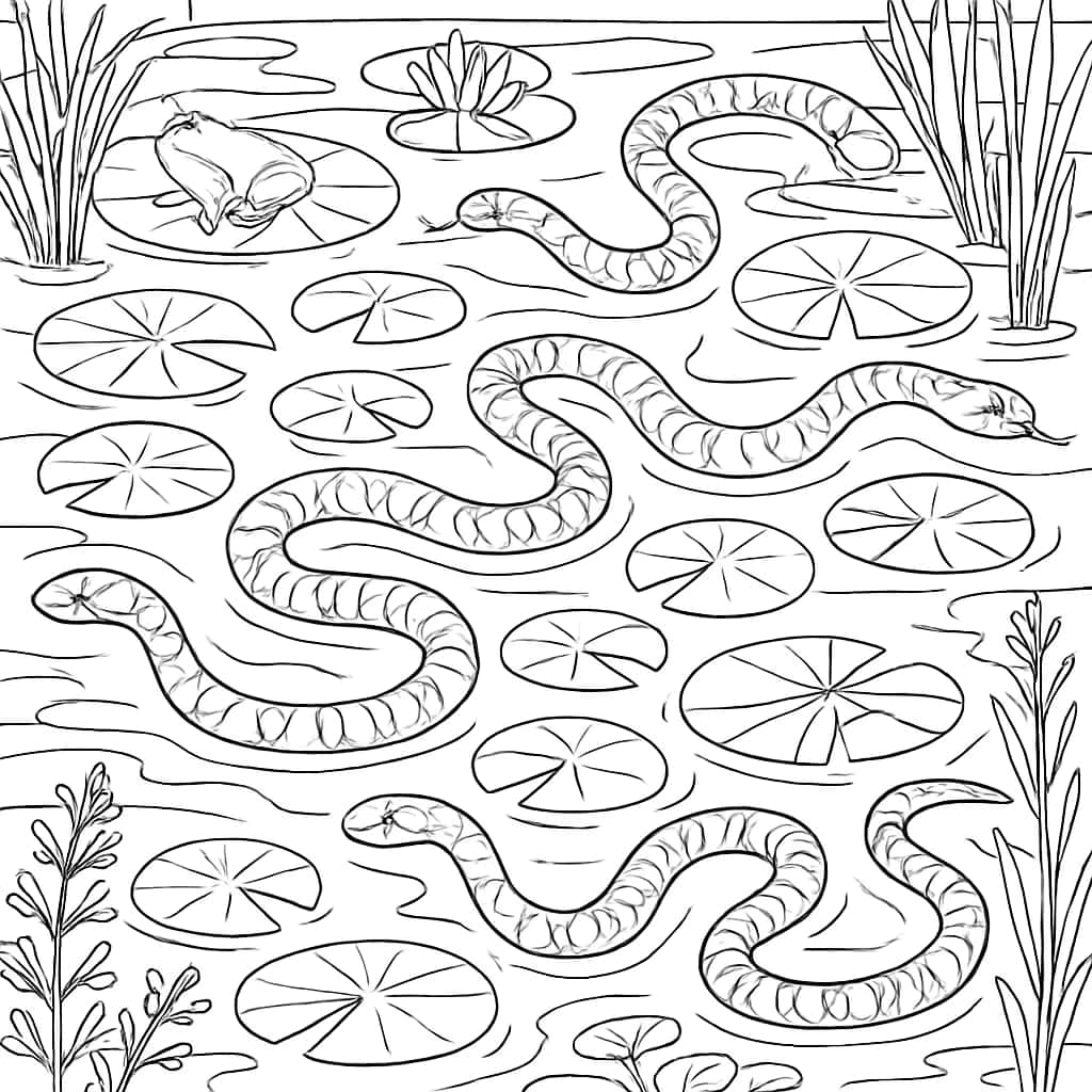 Snake Coloring Pages - Snakes in Pond Coloring Page for Adults