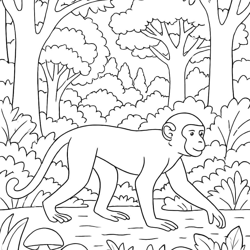 Páginas de Colorir de Macaco: Macaco Explorando a Floresta