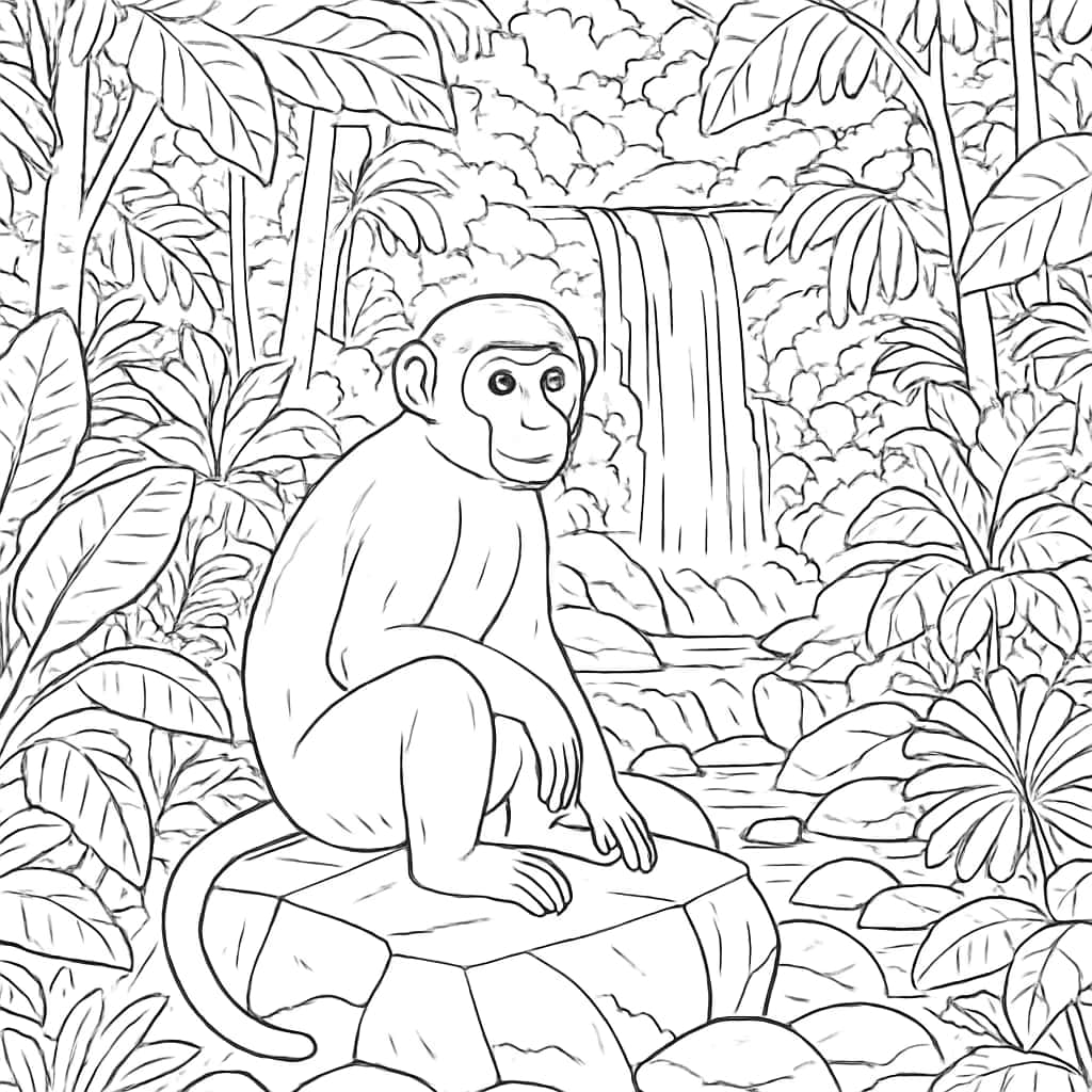 Páginas para colorir de macacos - Cachoeira na Floresta Tropical