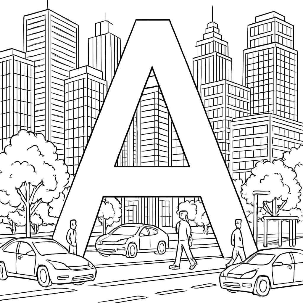 Letter A Coloring Pages - Cityscape Coloring Sheet for Adults