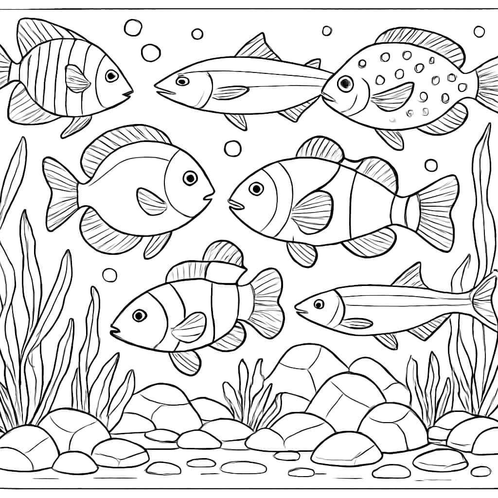 Ocean Animals Coloring Pages - School of Fish