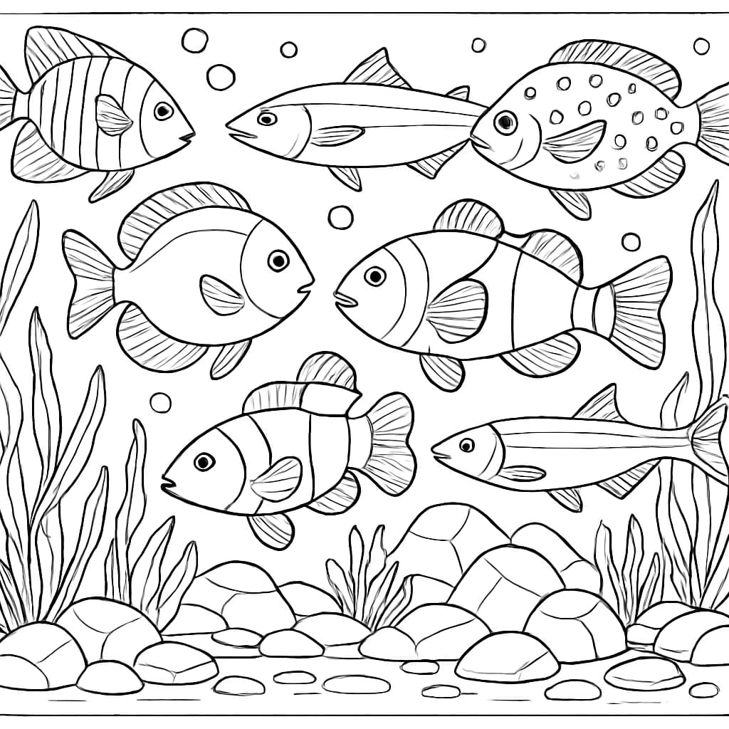 해양 동물 색칠 페이지 - 물고기 떼