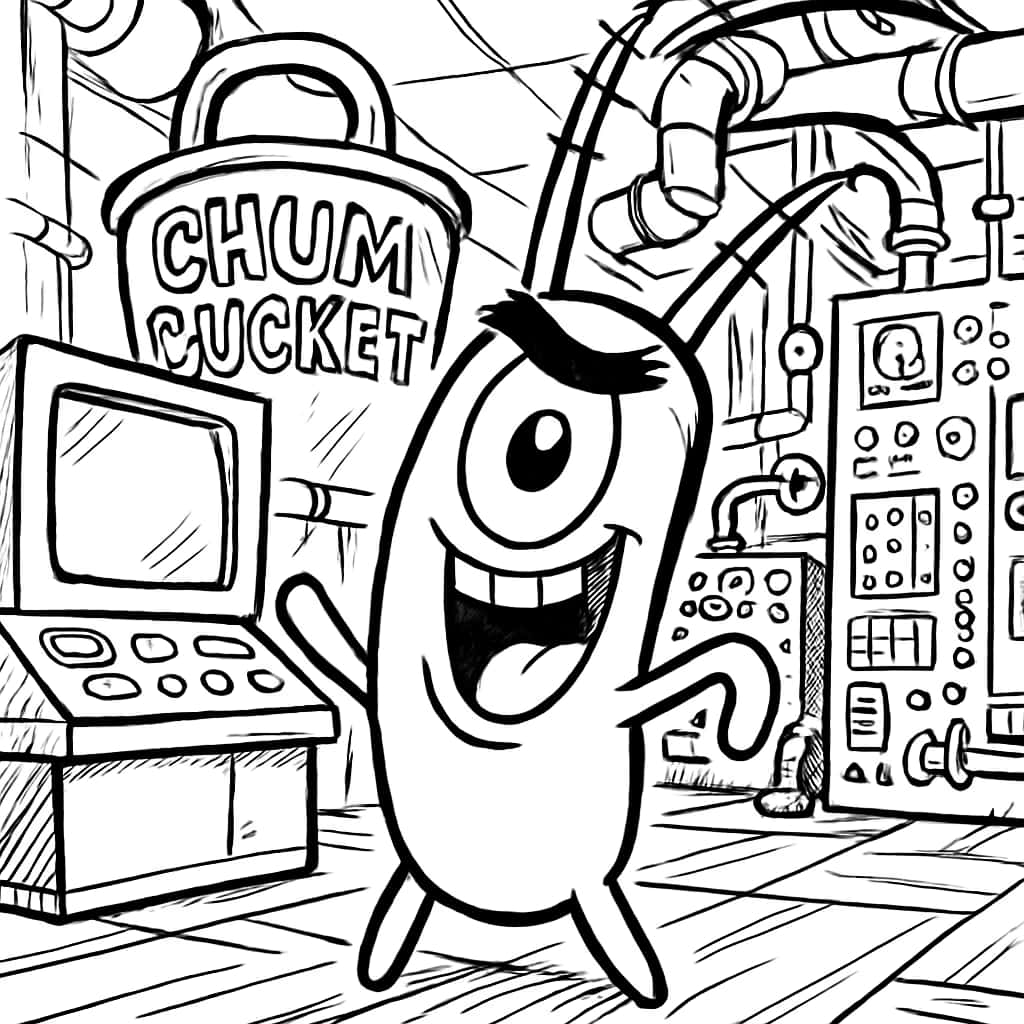 Spongebob涂色页:Chum Bucket实验室中的Plankton